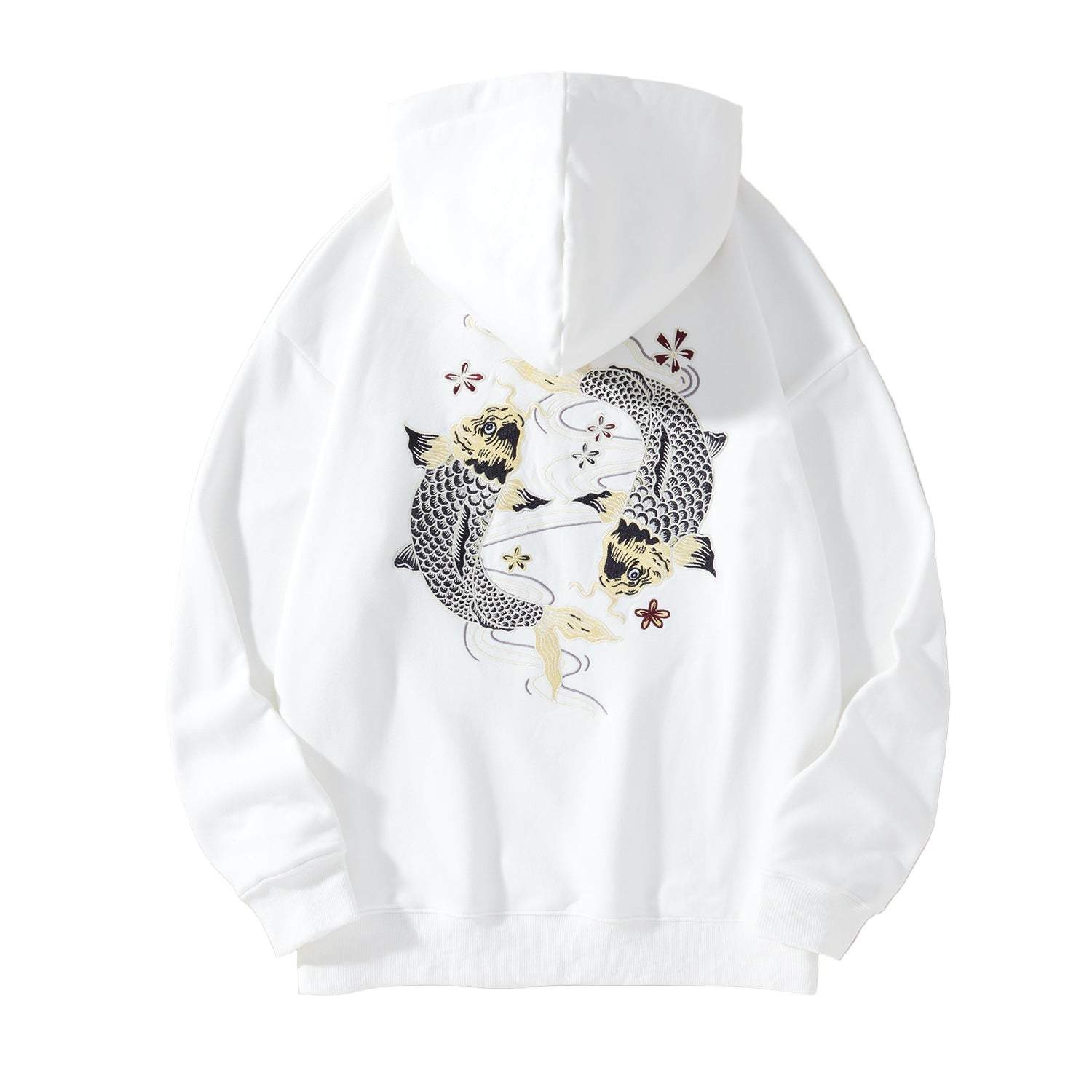 White Koi Embroidered Japanese Hoodie with fish design on a white background