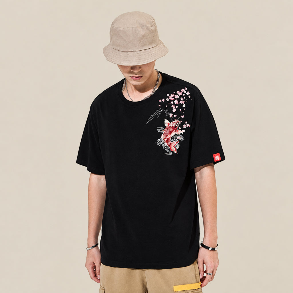 Nami Koi Fish Embroidered Shirt in black