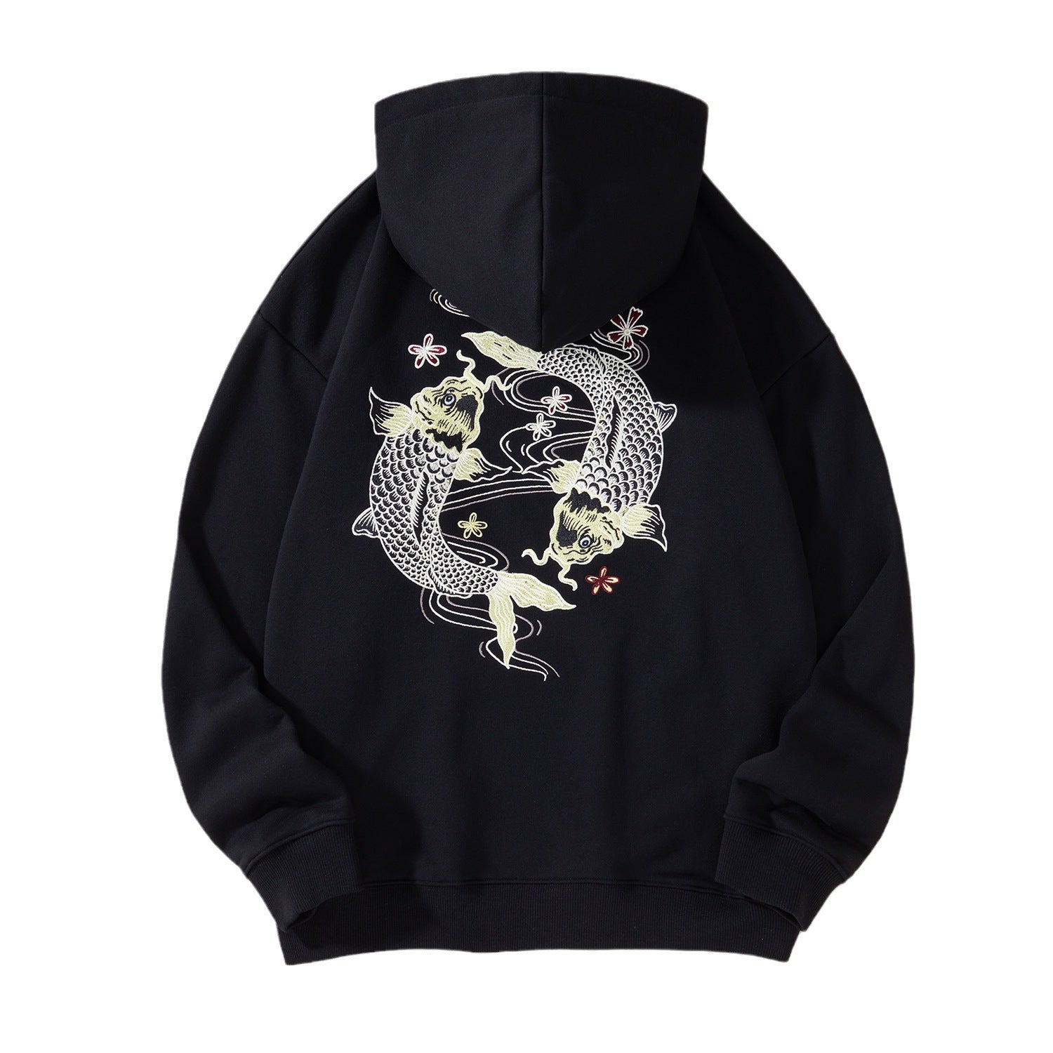 Black Koi Embroidered Japanese Hoodie with white fish design on a white background