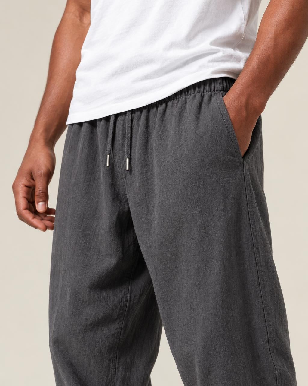 Asa Linen Ankle Pants in Grey, close-up on the model