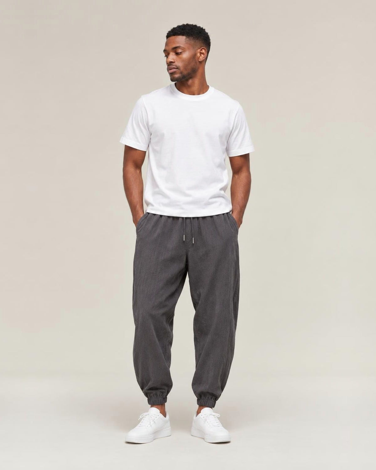 Asa Linen Ankle Pants in Grey, full-length front view