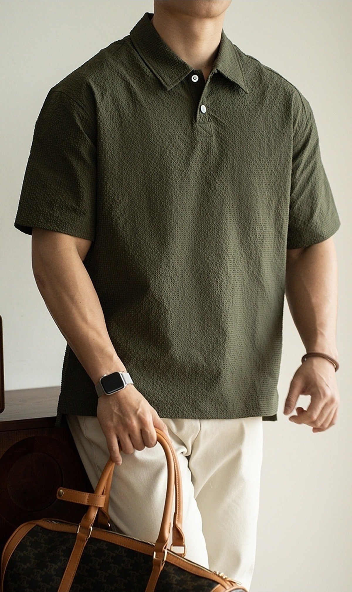 Awa Seersucker Polo Shirt in Green, full-length front view