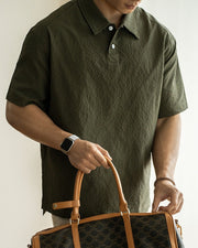 Awa Seersucker Polo Shirt in Green, full-length front view