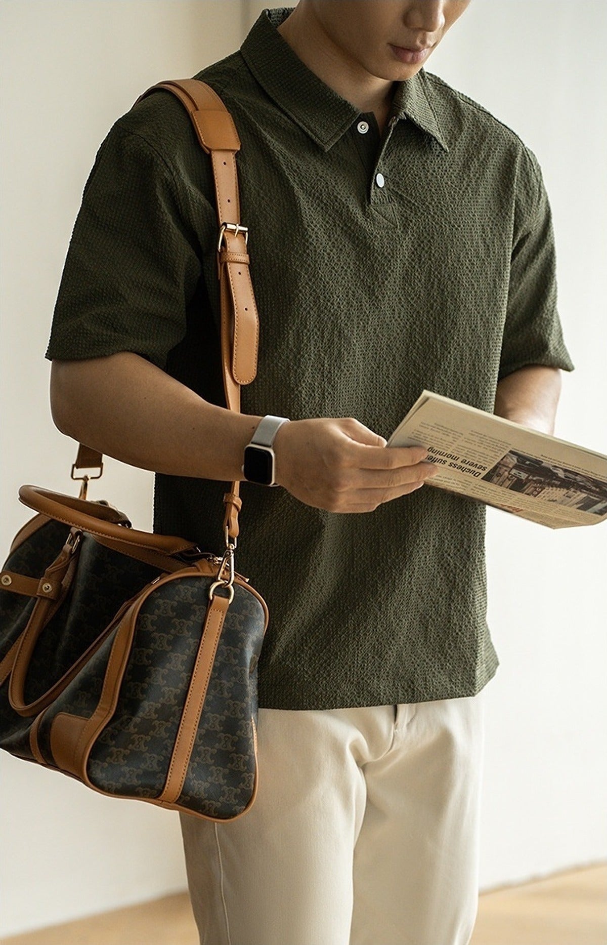 Awa Seersucker Polo Shirt in Green, styled look