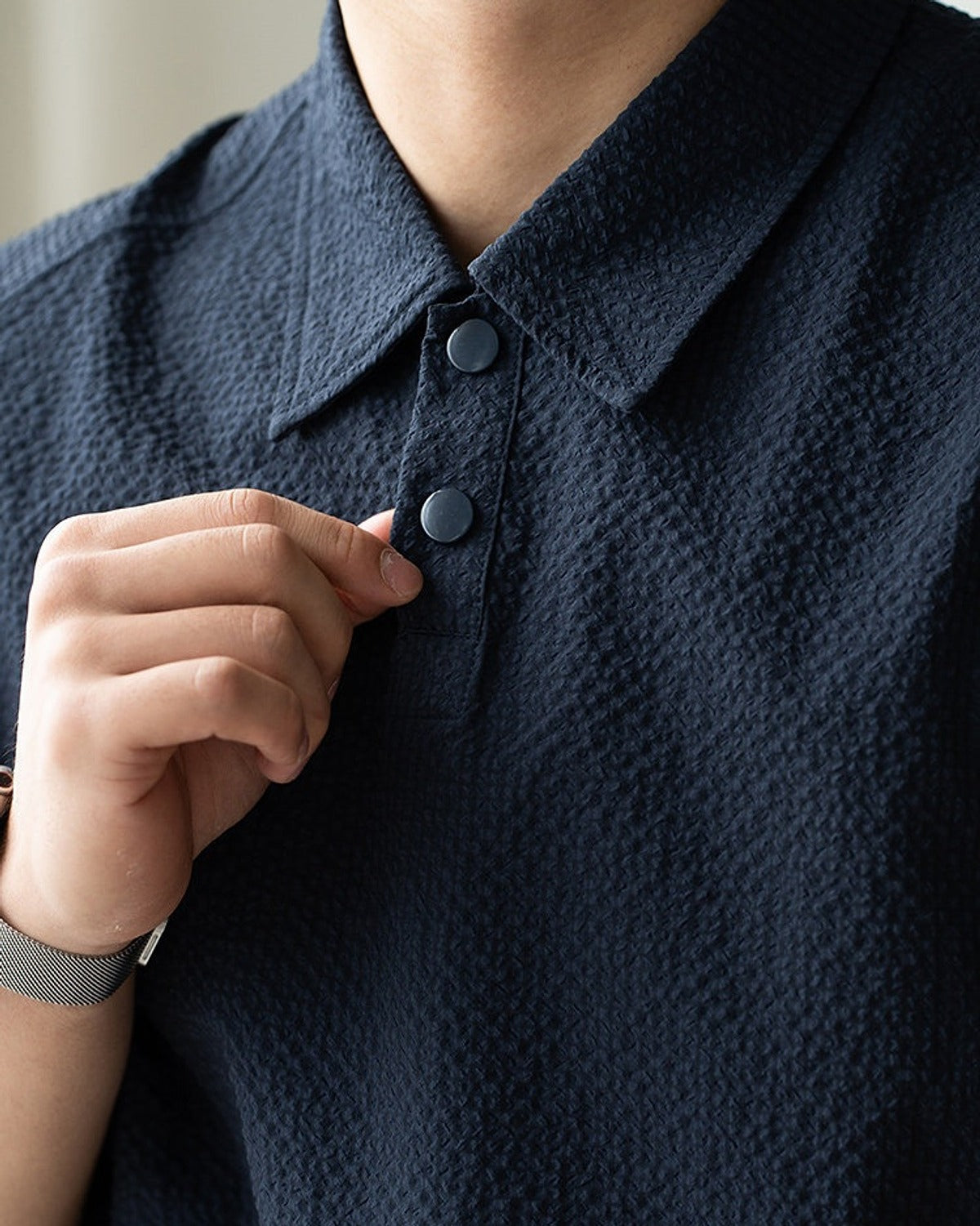 Awa Seersucker Polo Shirt in Navy, detail close-up