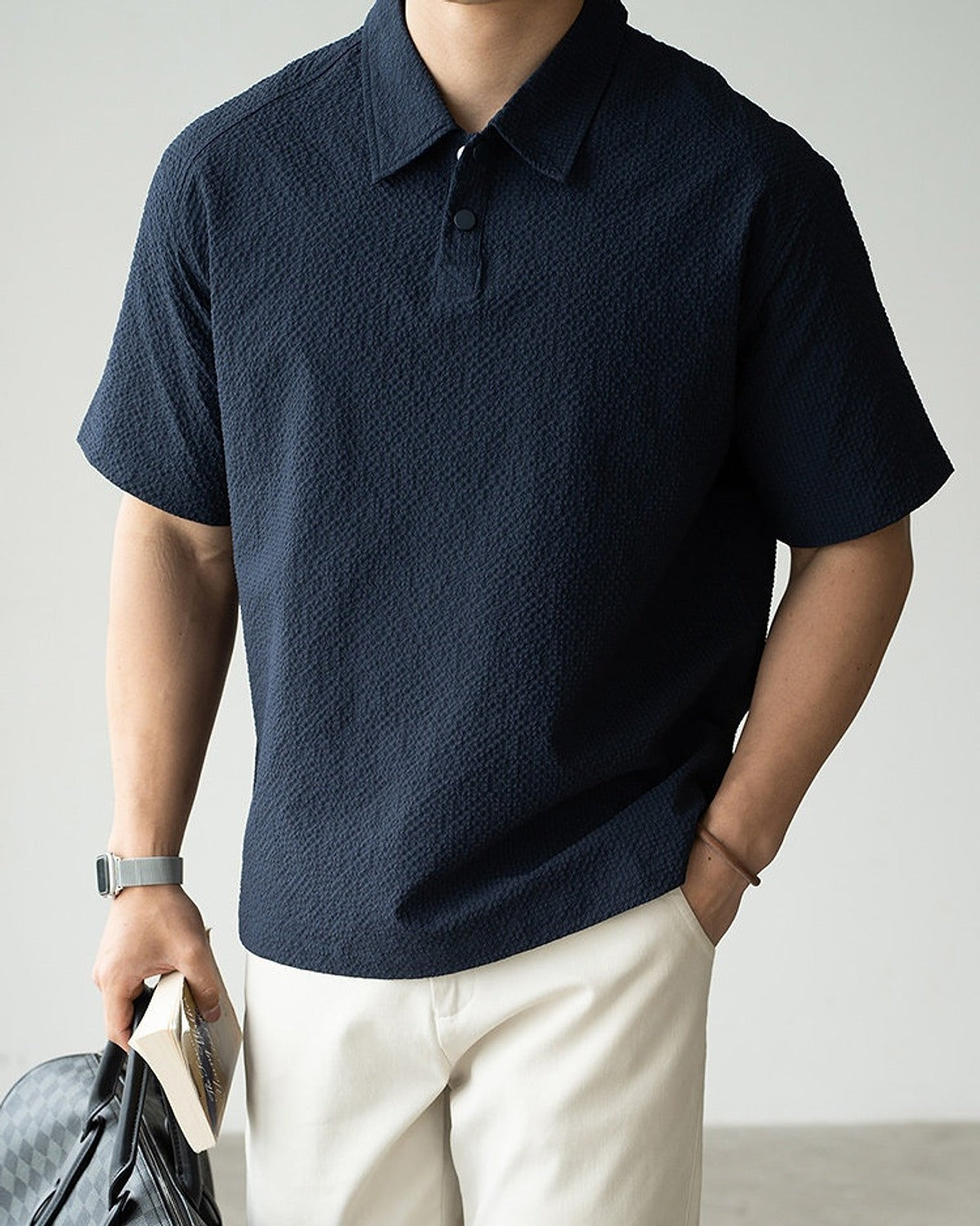 Awa Seersucker Polo Shirt in Navy, full-length front view