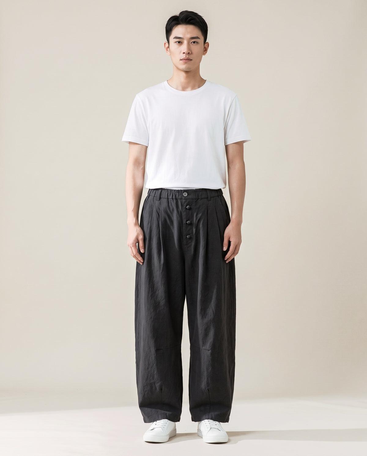 Yume Loose Button Pants in Hemp Black, establishing