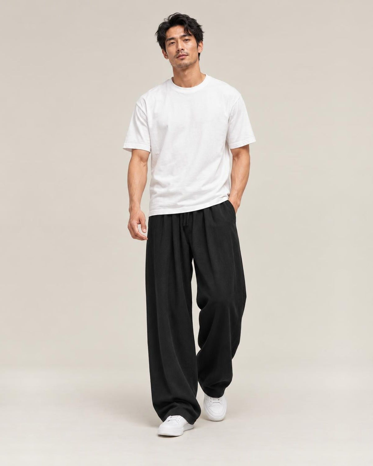 Fuwa Linen Straight Pants in Black, full-length front view