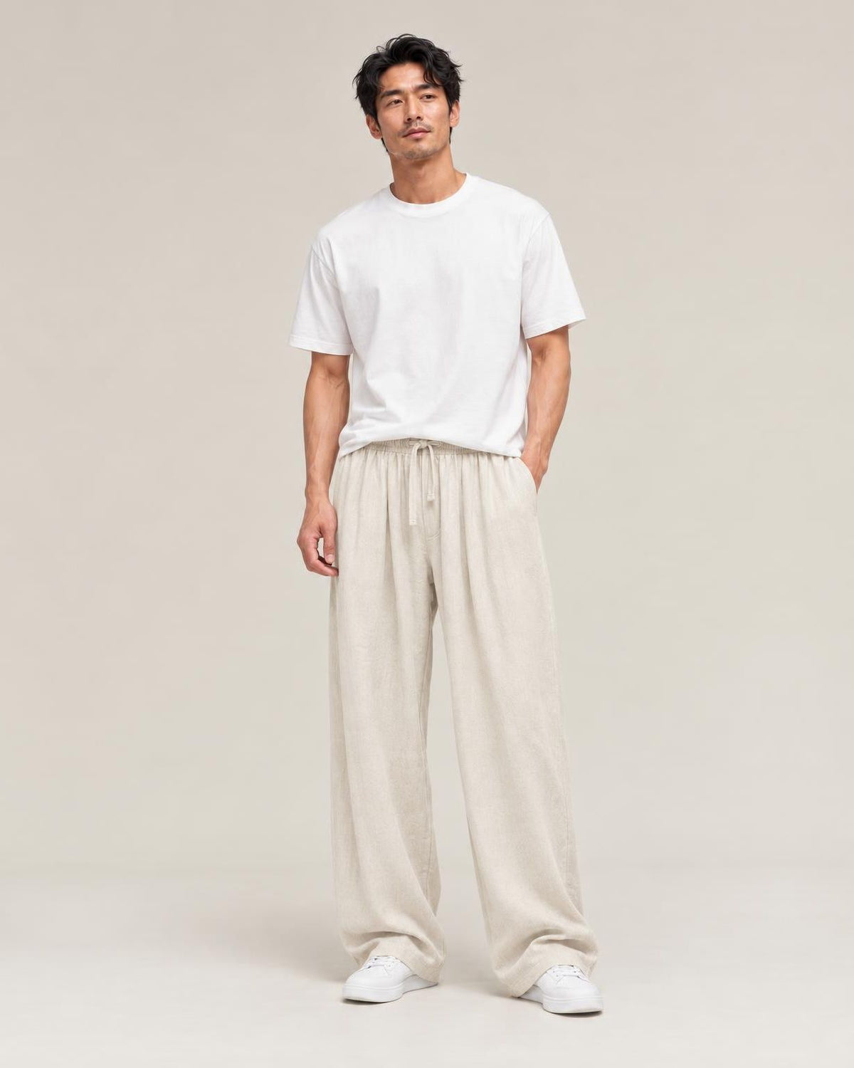 Fuwa Linen Straight Pants in Creamy White, full-length front view