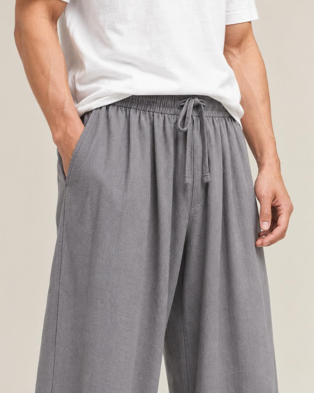 Fuwa Linen Straight Pants in Grey, close-up on the model