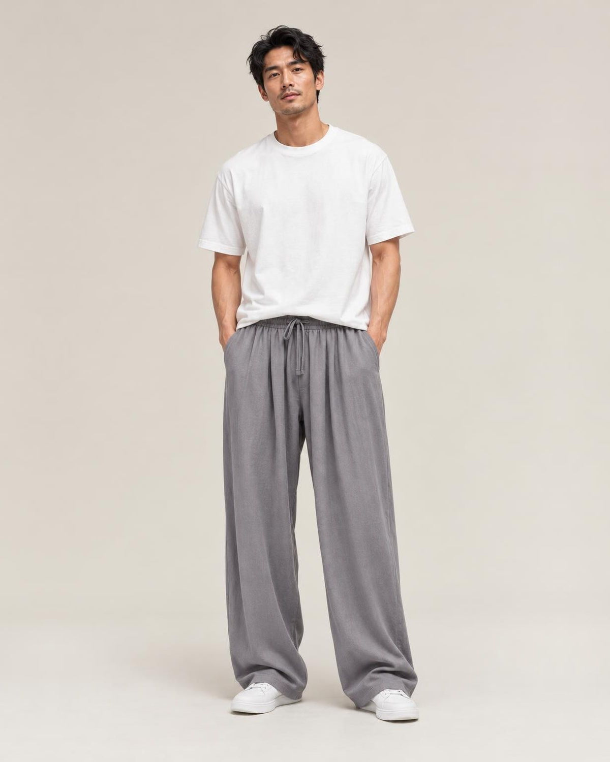 Fuwa Linen Straight Pants in Grey, full-length front view
