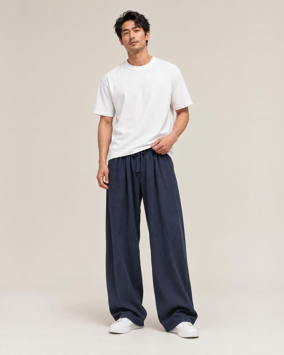 Fuwa Linen Straight Pants in Navy, full-length front view