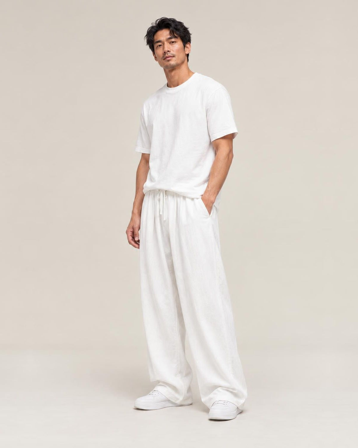 Fuwa Linen Straight Pants in White, full-length front view