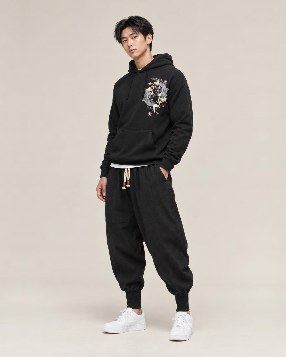 Gelyu Harem Pants in Black, full-length front view
