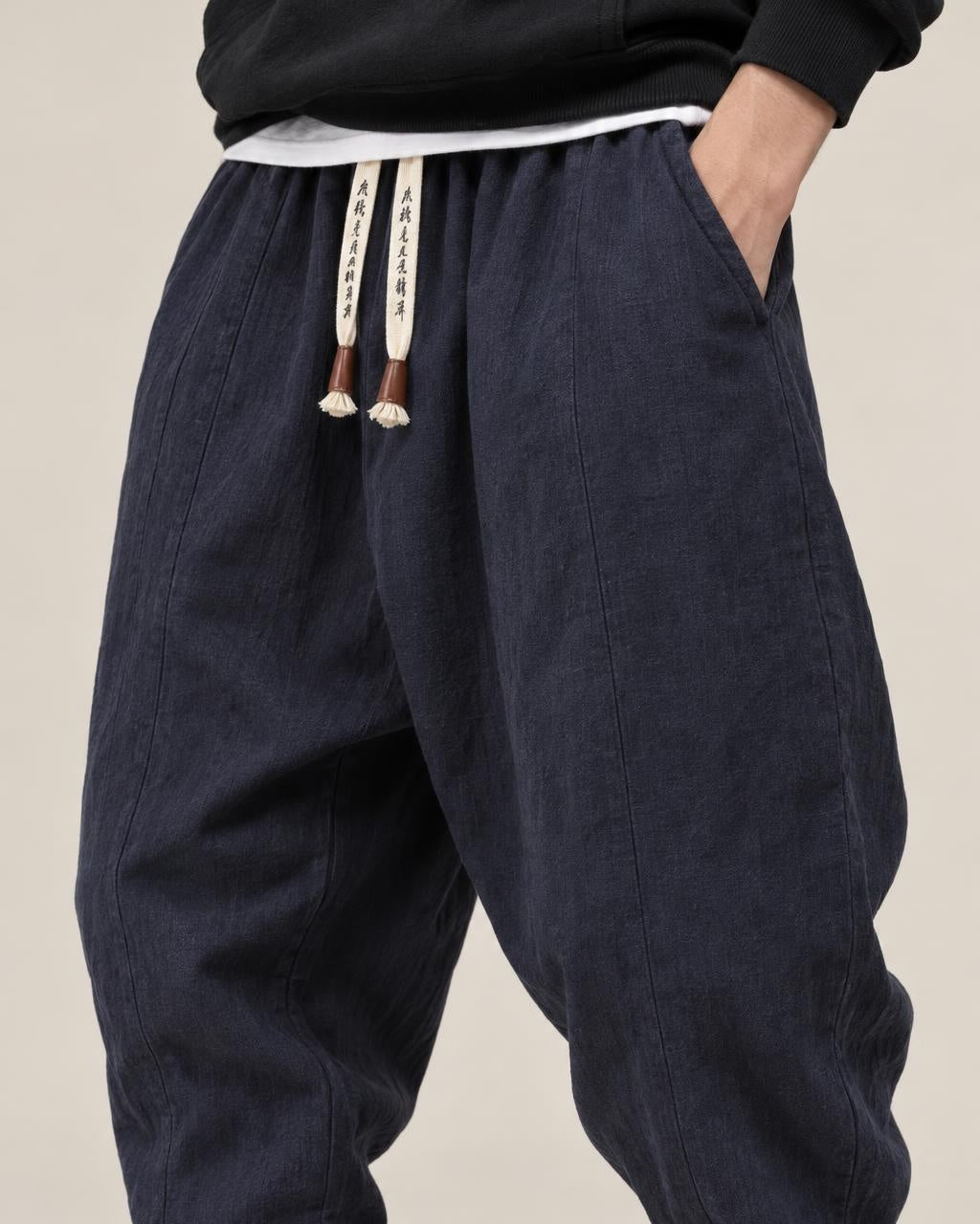 Gelyu Harem Pants in Navy, close-up on the model