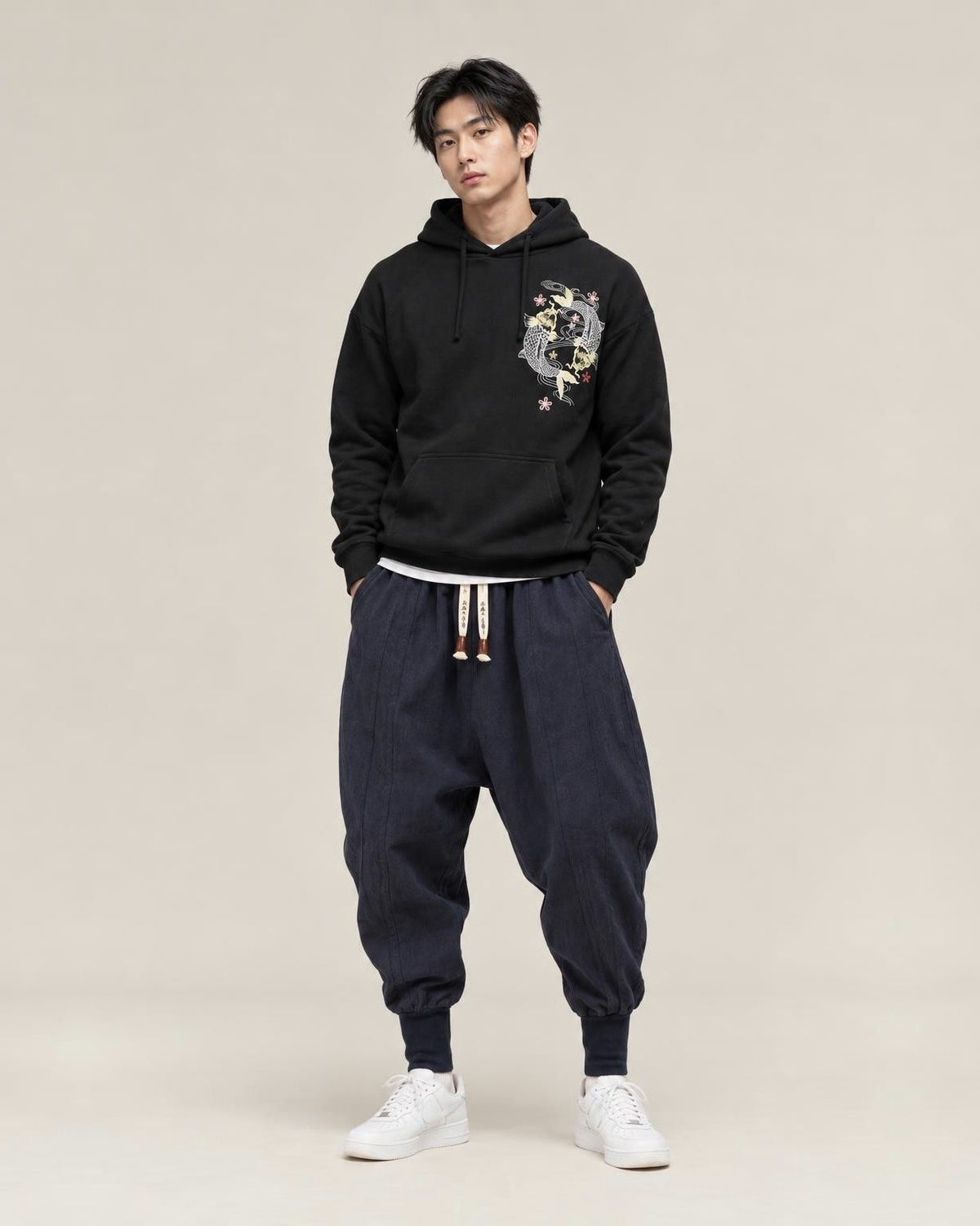 Gelyu Harem Pants in Navy, full-length front view