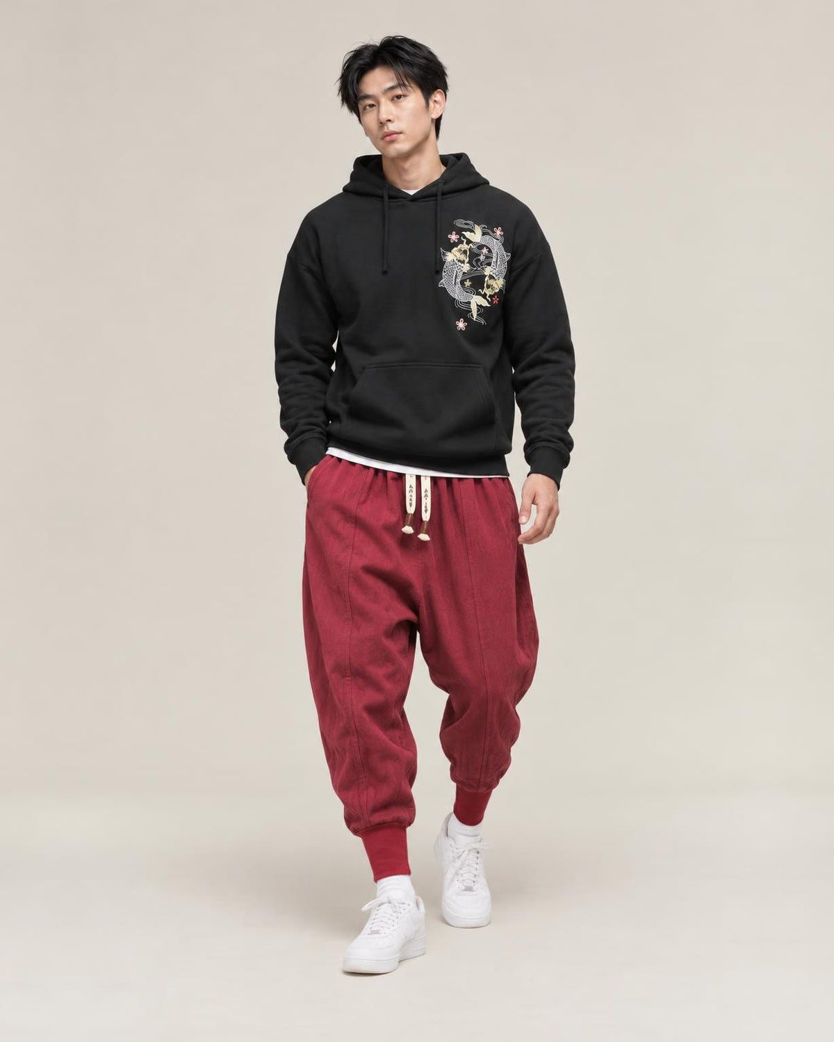 Gelyu Harem Pants in Red, full-length front view