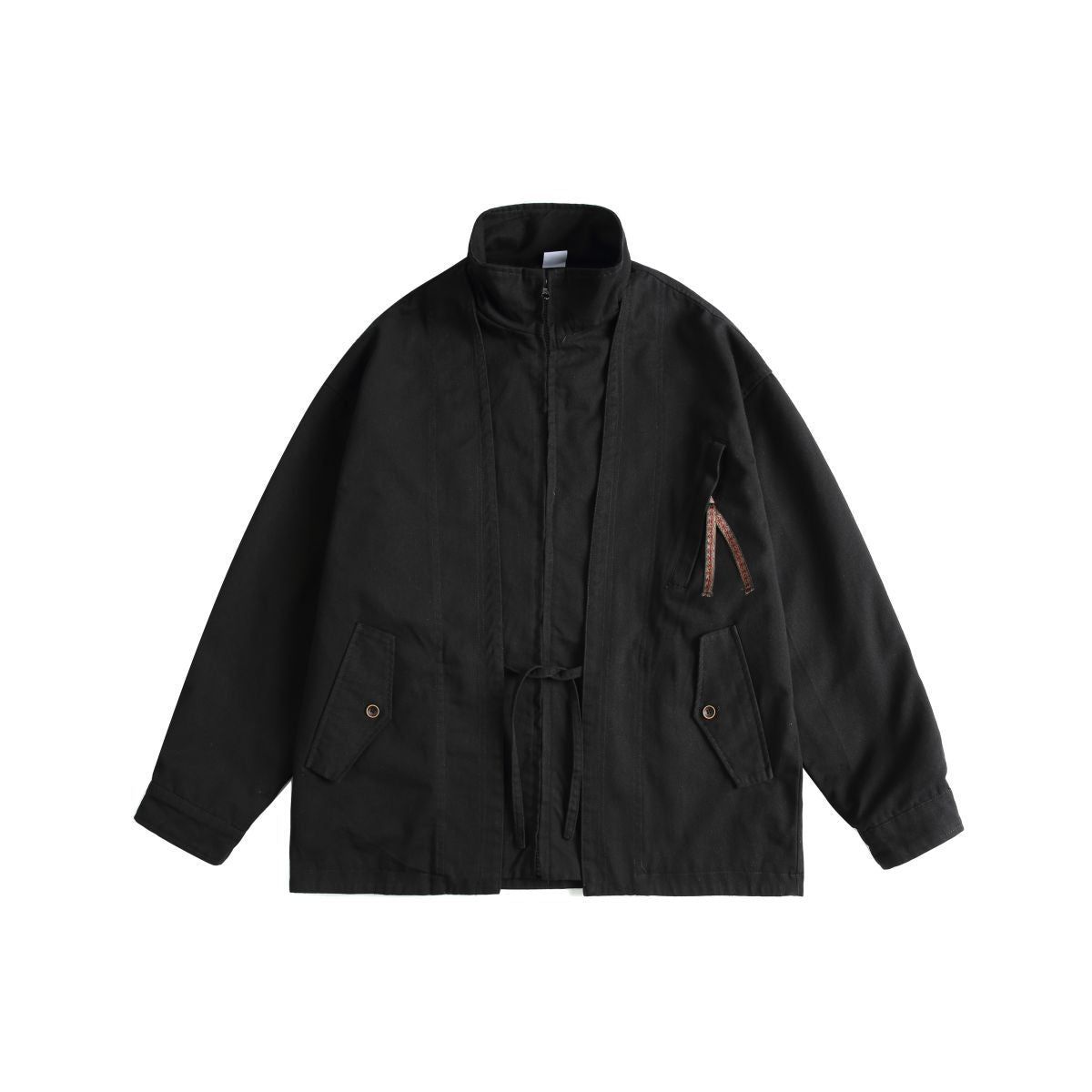 Hagane stand collar utility jacket in black, front view with the wrap-over panel, drawstring waist and ribbon-pull chest zip