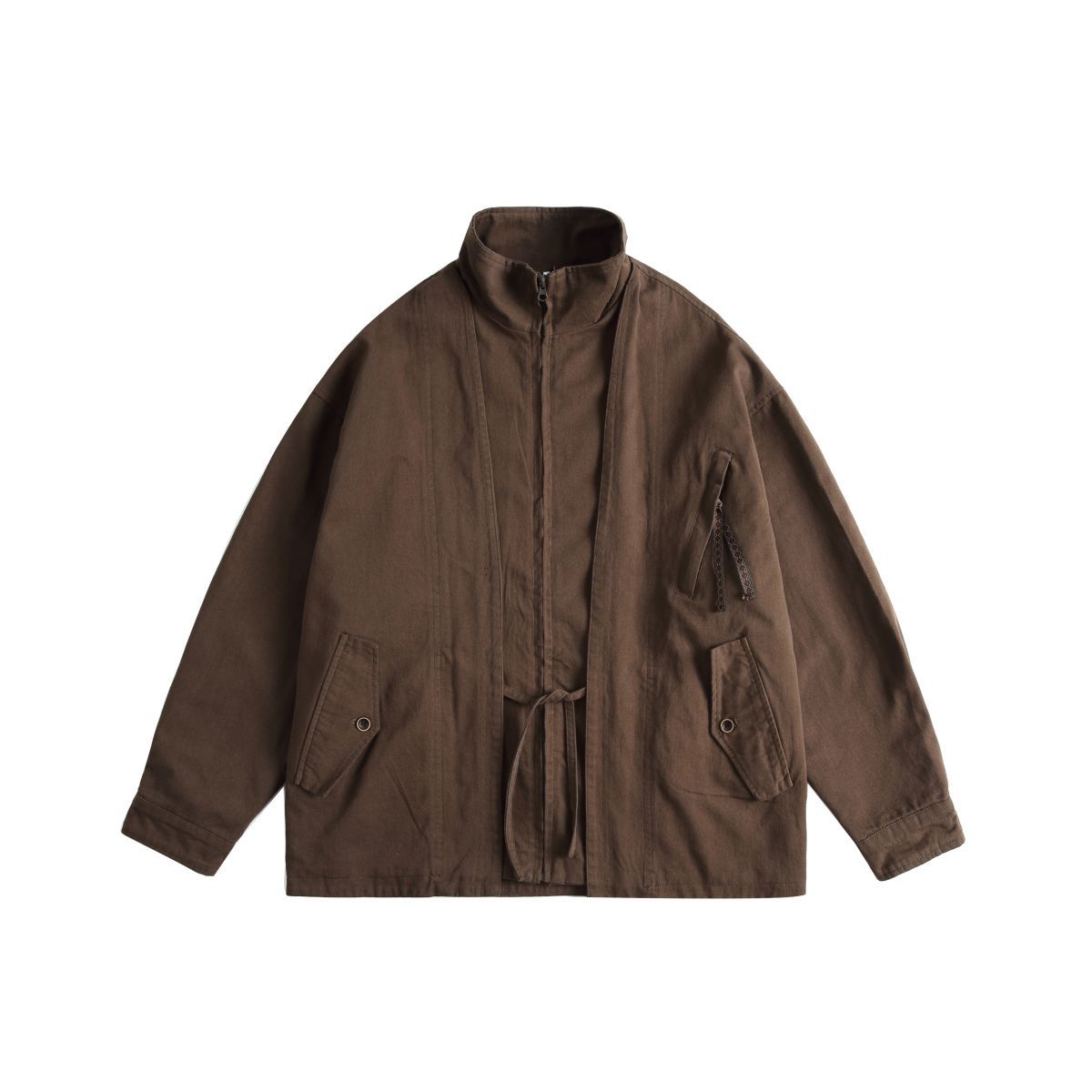 A brown utility jacket with a high stand-up collar, front zipper, and drawstring waist, displayed flat against a solid white background.