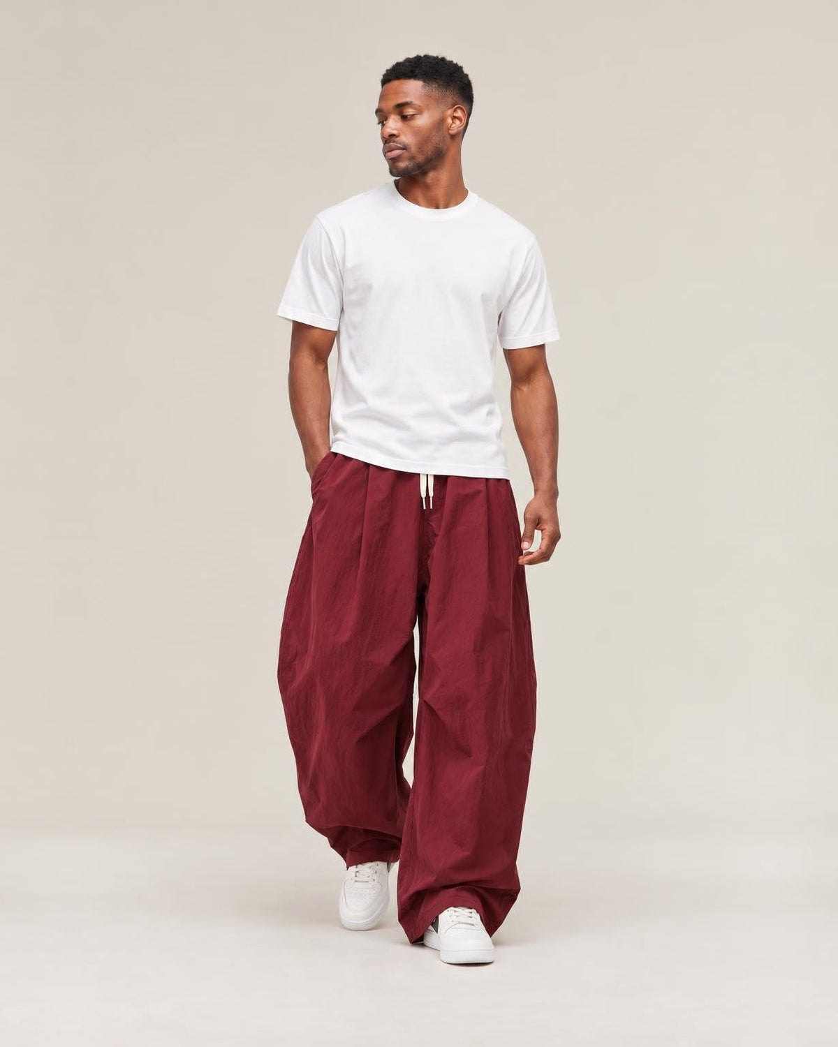 Hanami Wide-Leg Pants in Burgundy, full-length front view