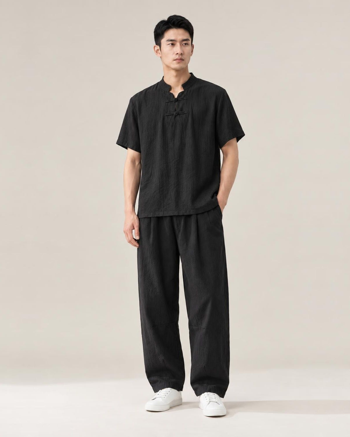 Hanasu Frog Button Linen Shirt in Black, full-length front view