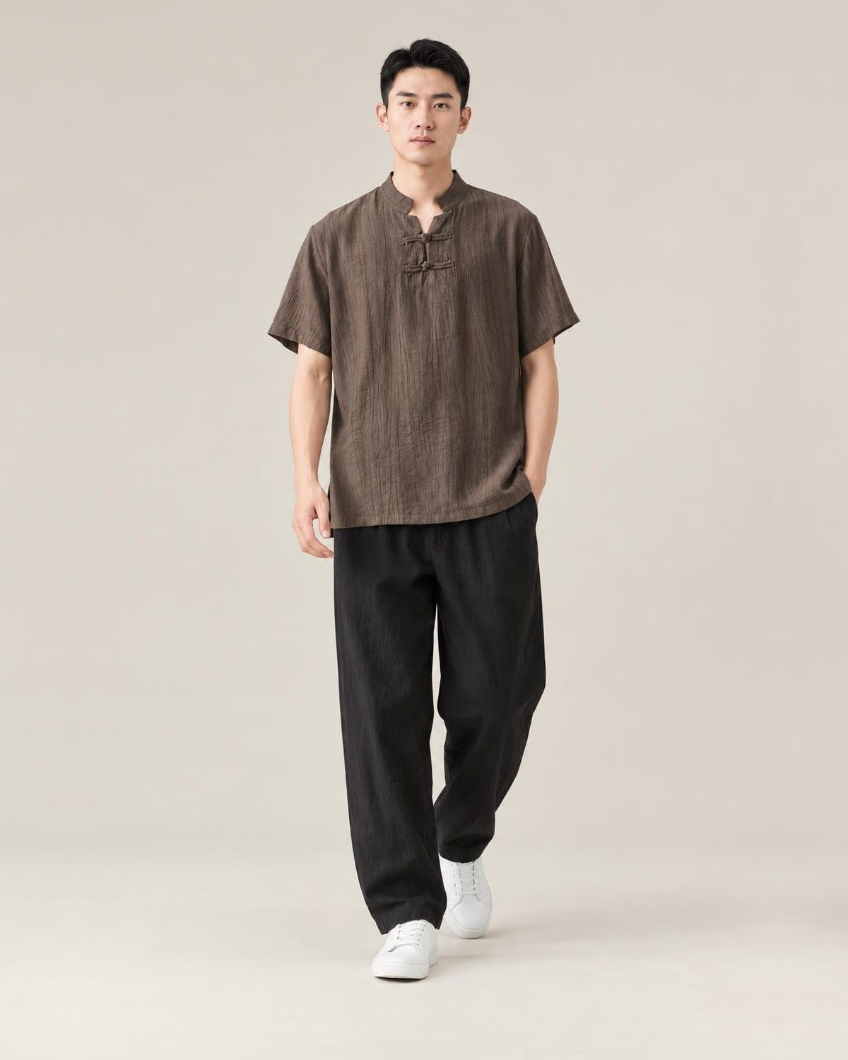 Hanasu Frog Button Linen Shirt in Brown, full-length front view