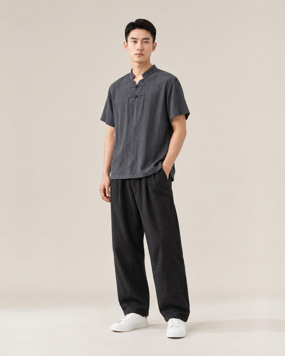 Hanasu Frog Button Linen Shirt in Dark Grey, full-length front view