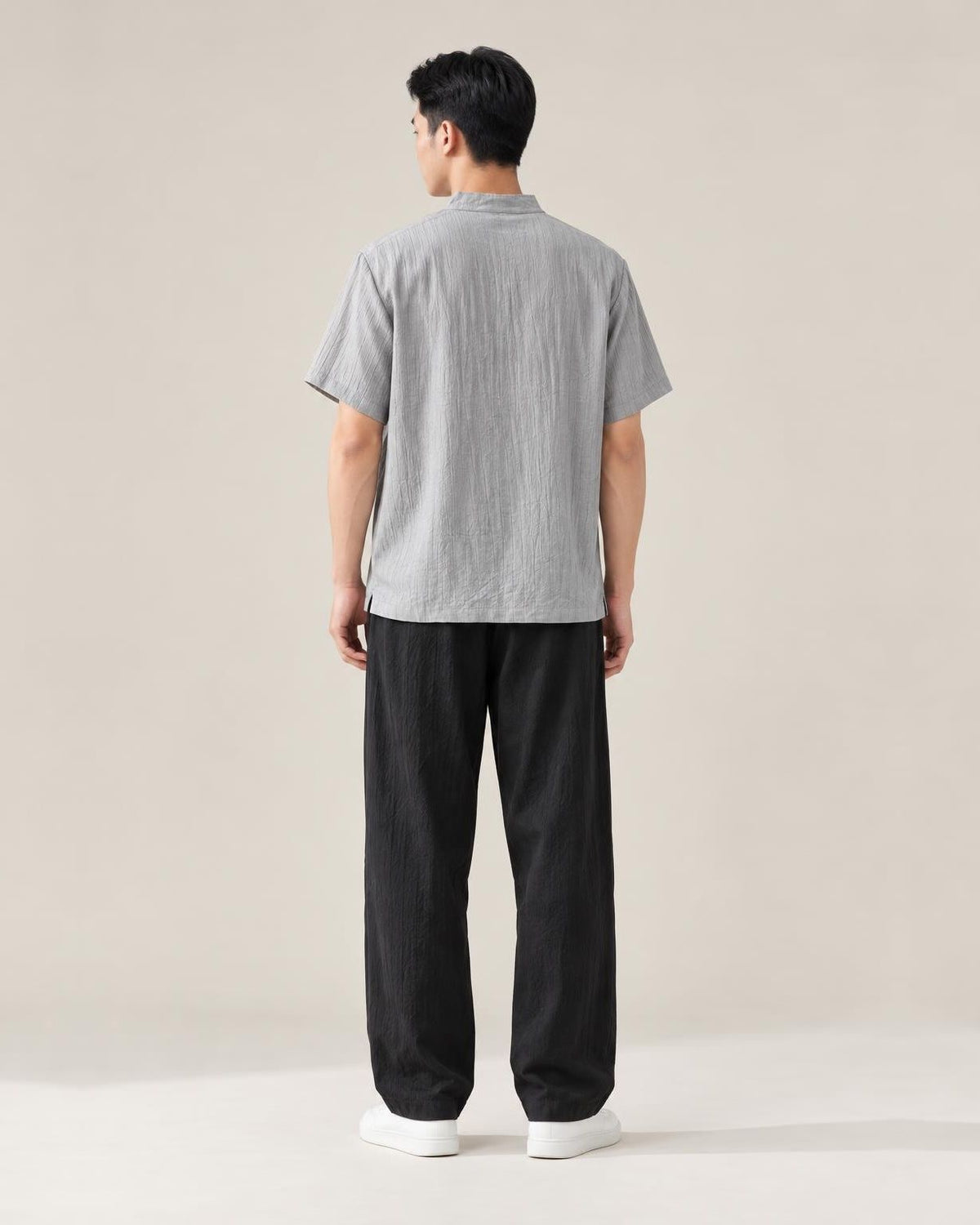 Hanasu Frog Button Linen Shirt in Light Grey, back view