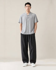 Hanasu Frog Button Linen Shirt in Light Grey, full-length front view