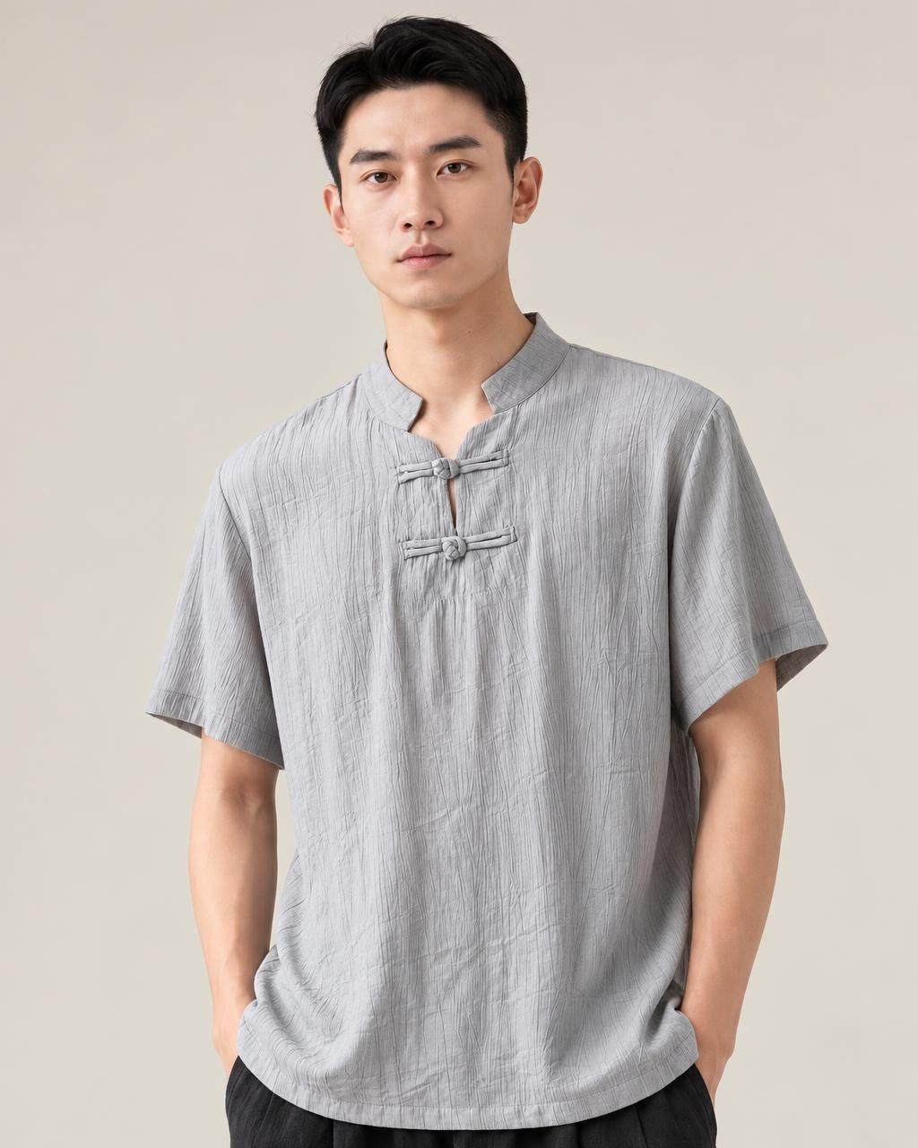 Hanasu Frog Button Linen Shirt in Light Grey, waist-up front view