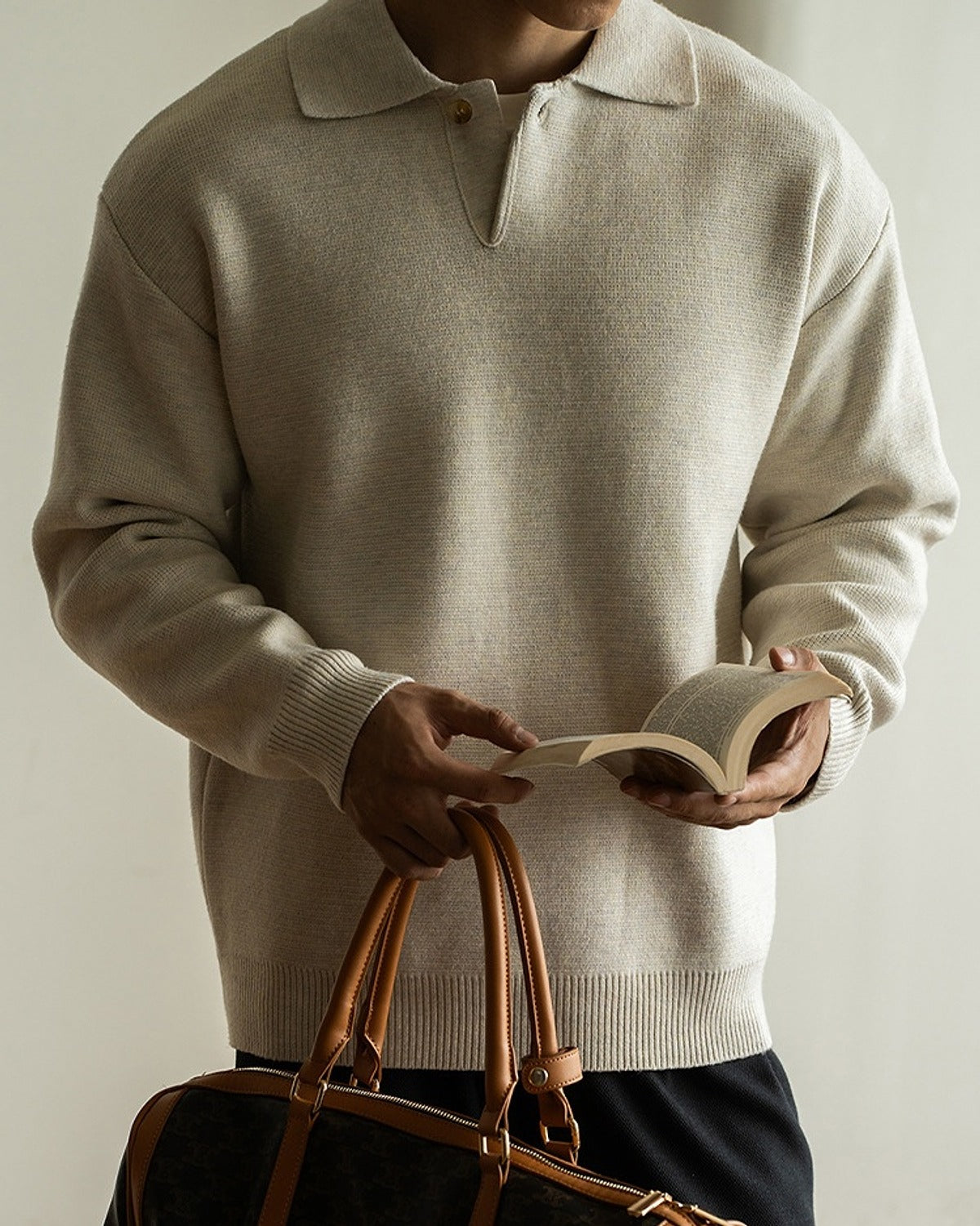 Iki Half-Placket Knit Polo in Cream, full-length front view