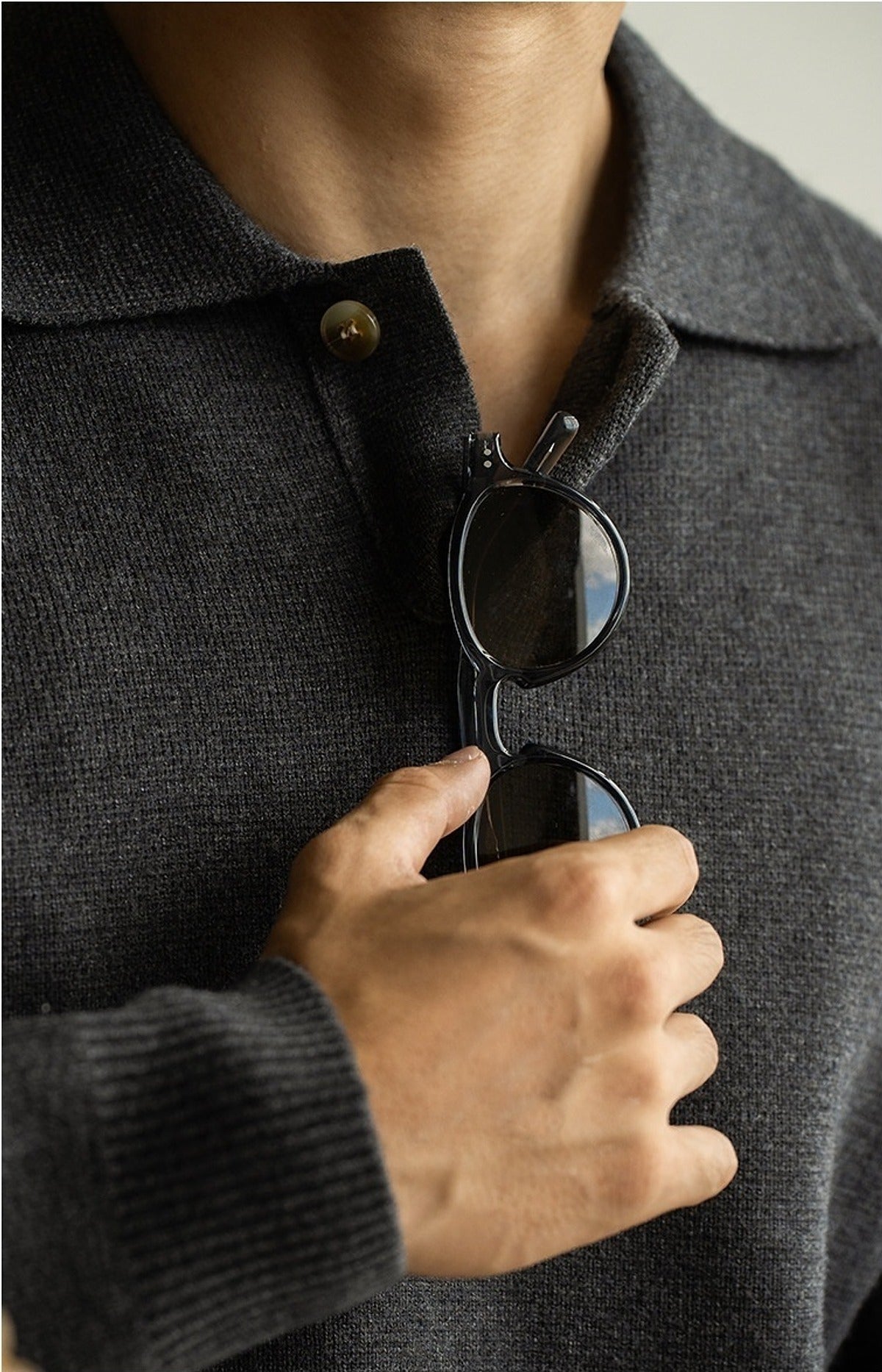 Iki Half-Placket Knit Polo in Dark Grey, detail close-up