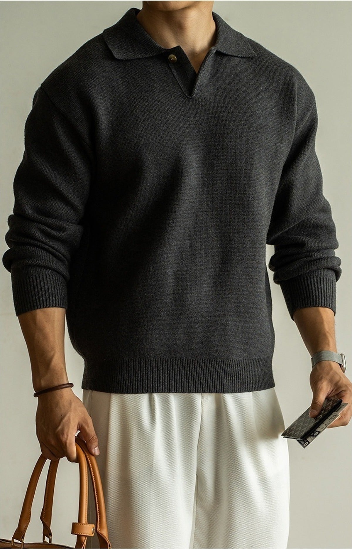 Iki Half-Placket Knit Polo in Dark Grey, full-length front view