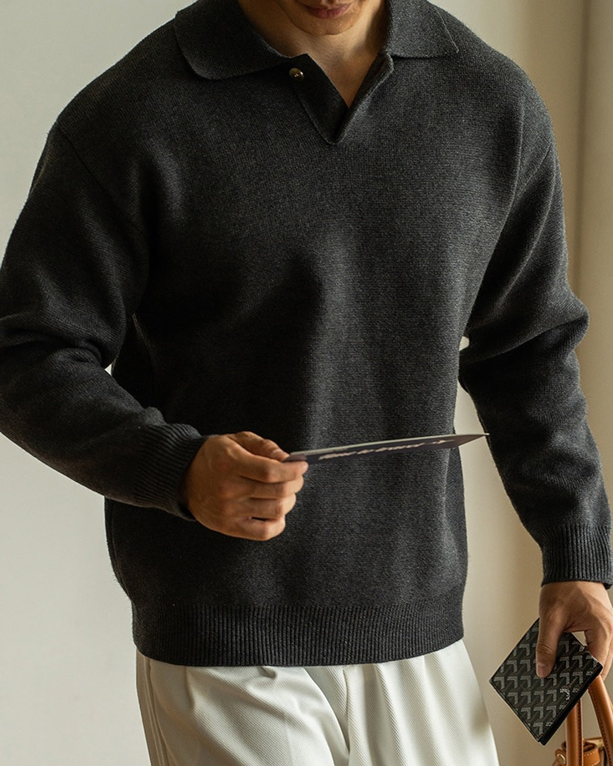 Iki Half-Placket Knit Polo in Dark Grey, full-length front view