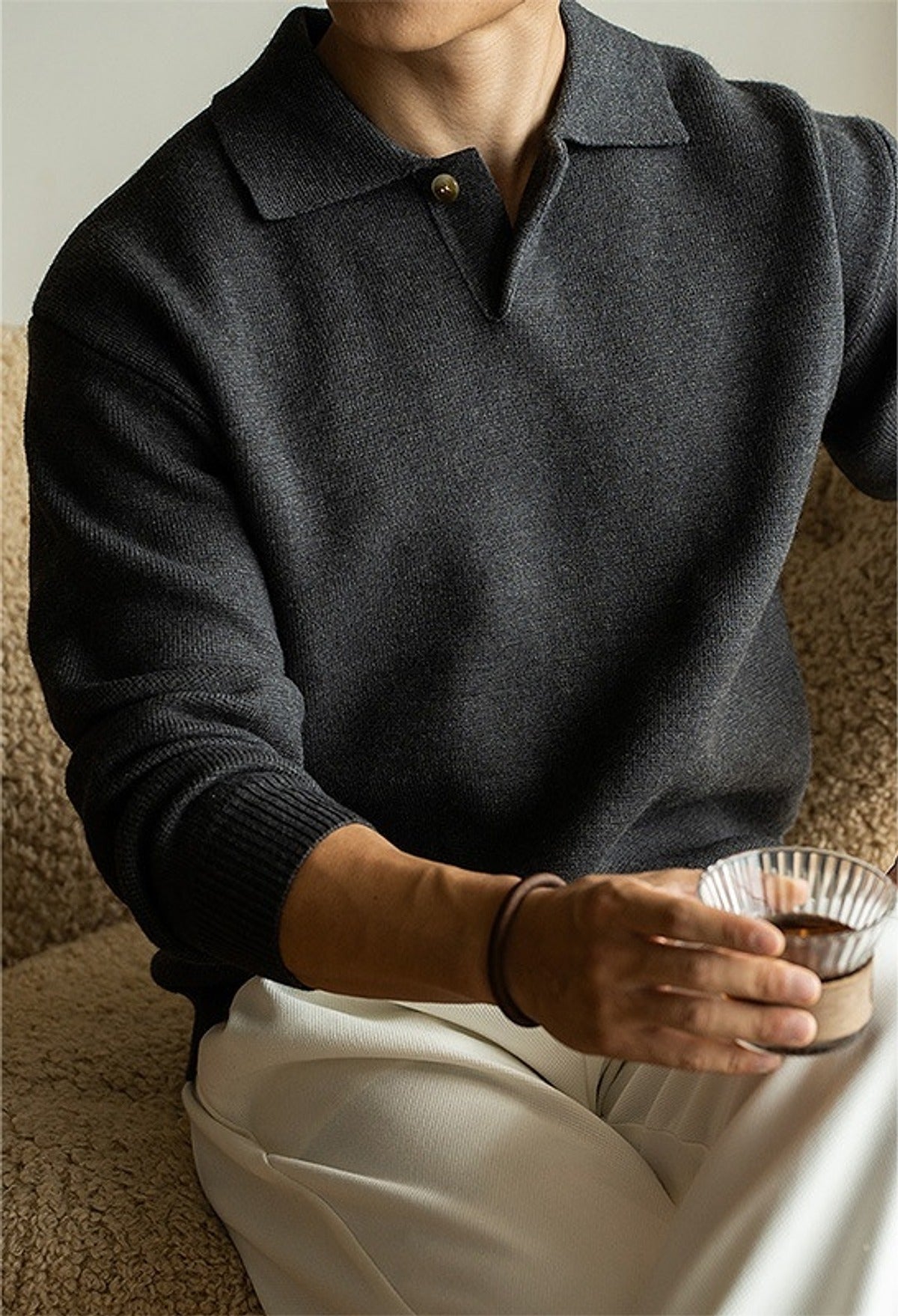 Iki Half-Placket Knit Polo in Dark Grey, styled look
