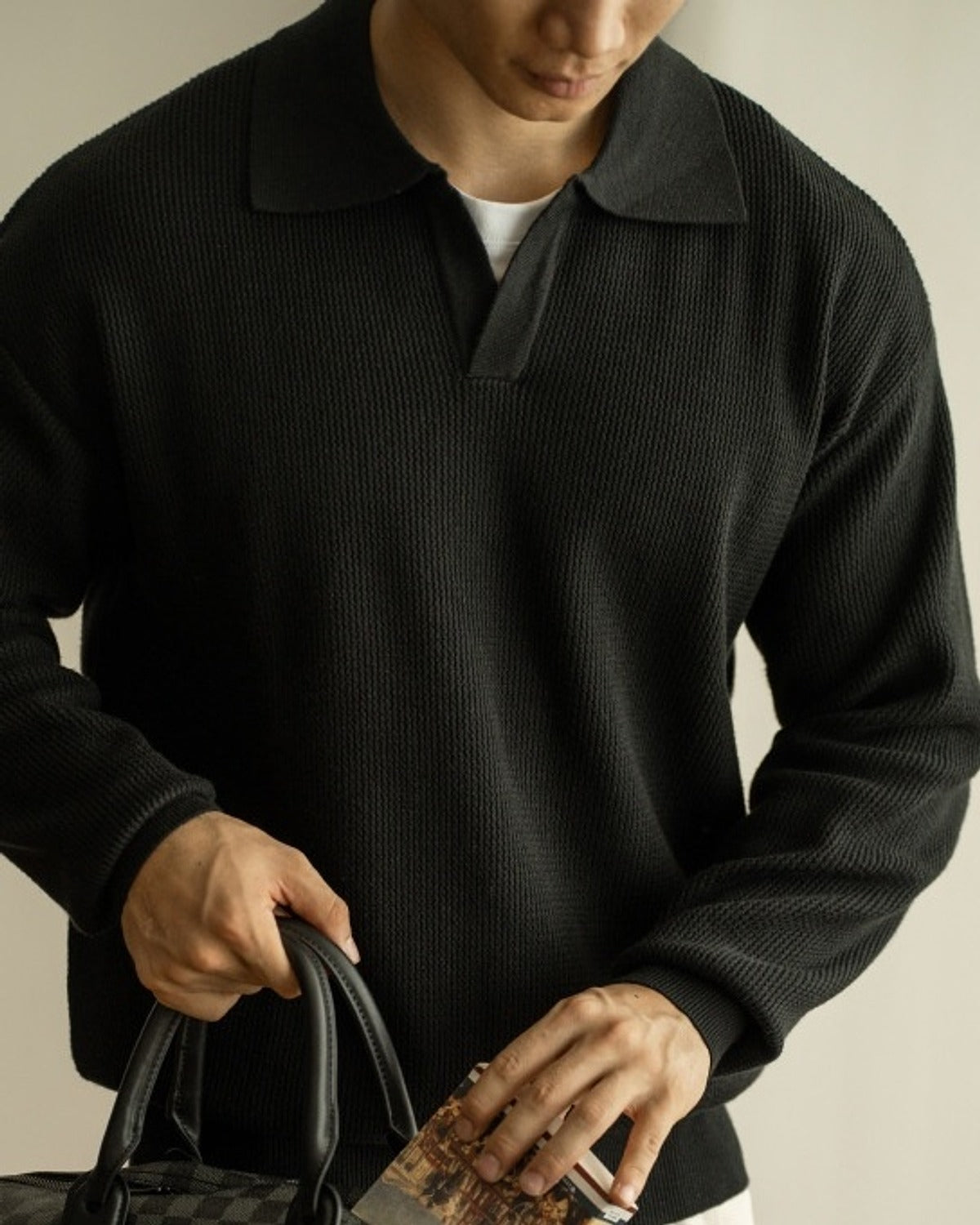 Kamome Knit Polo Sweater in Black, full-length front view