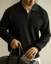 Kamome Knit Polo Sweater in Black, full-length front view