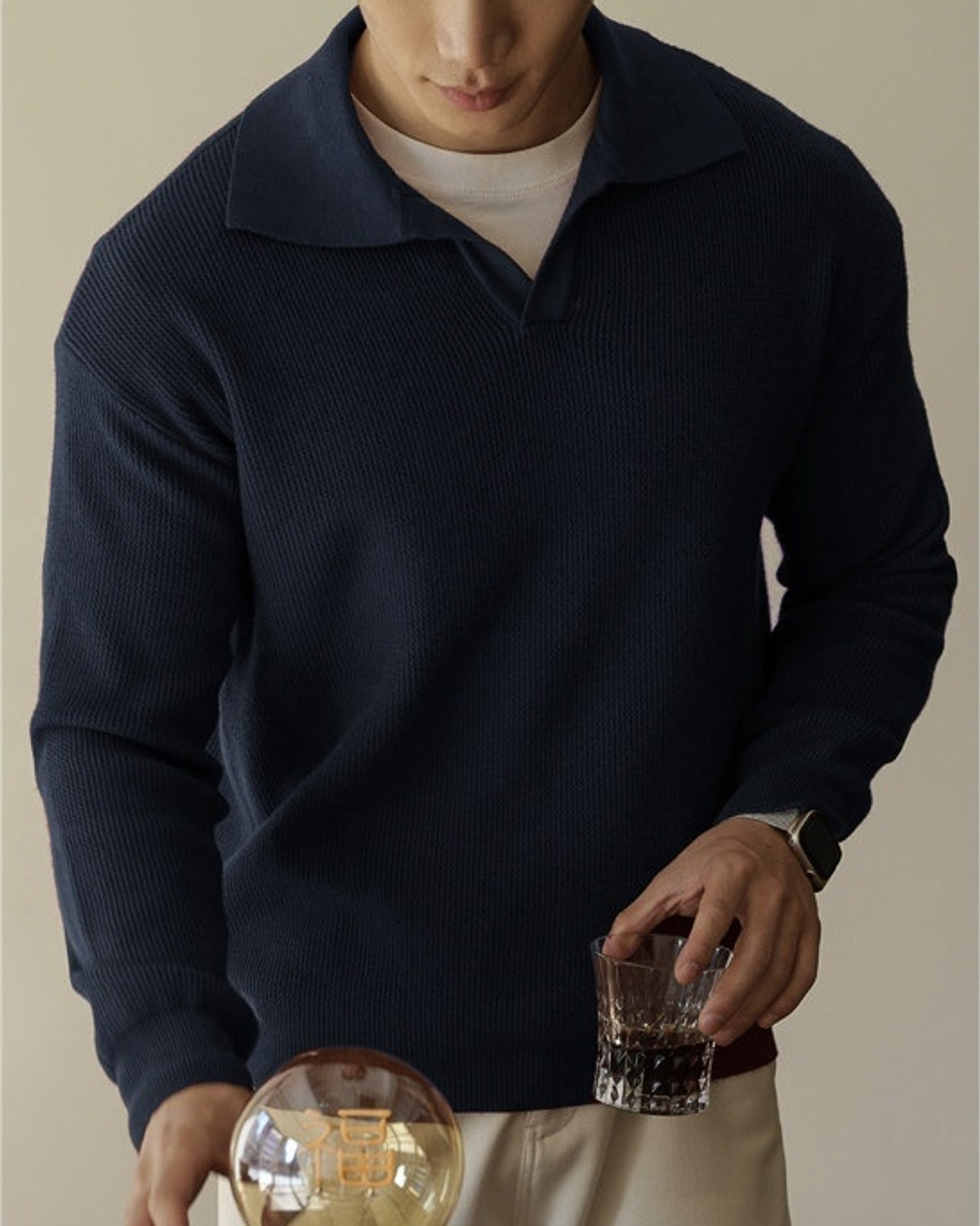 Kamome Knit Polo Sweater in Blue, full-length front view