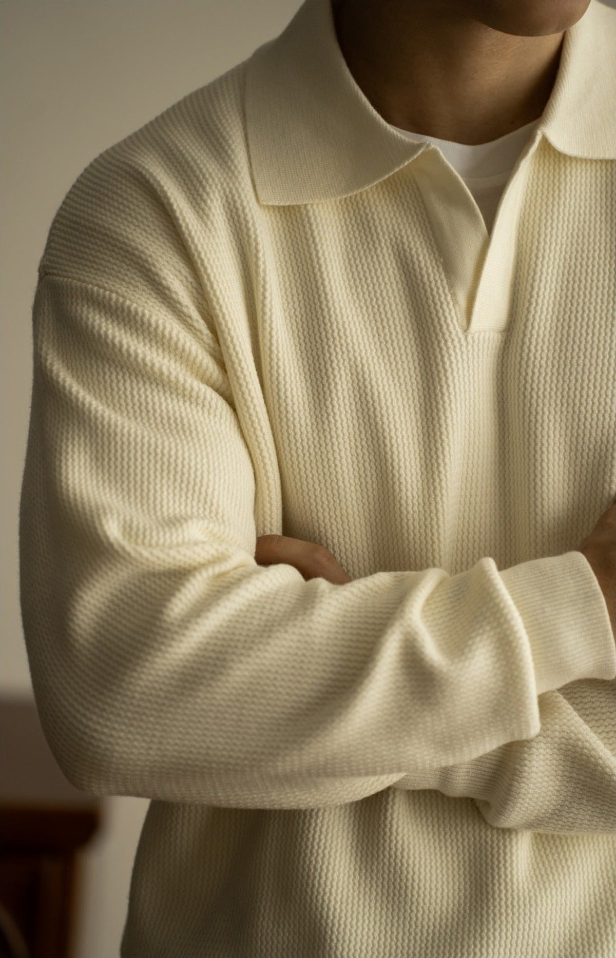 Kamome Knit Polo Sweater in White, detail close-up