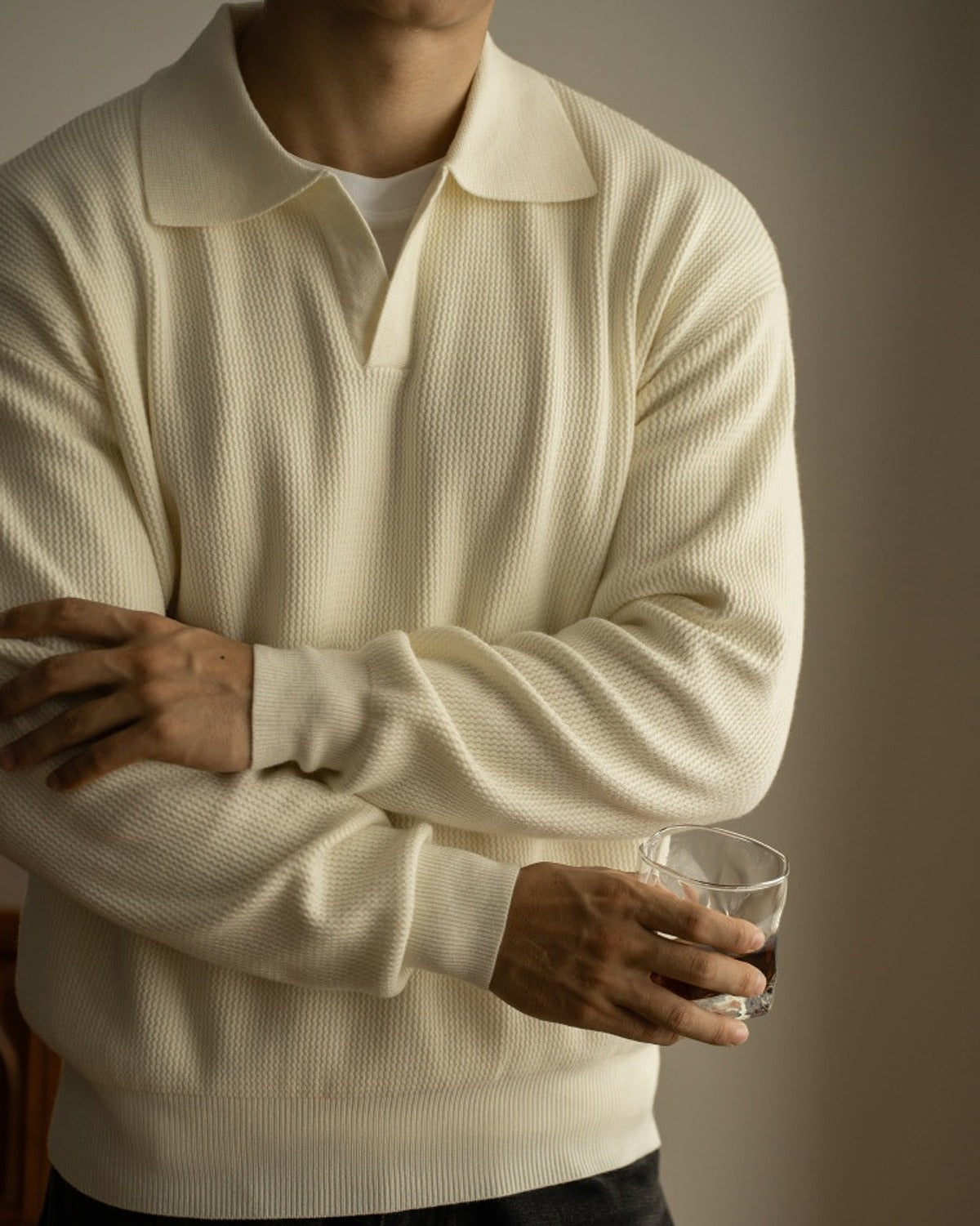 Kamome Knit Polo Sweater in White, full-length front view