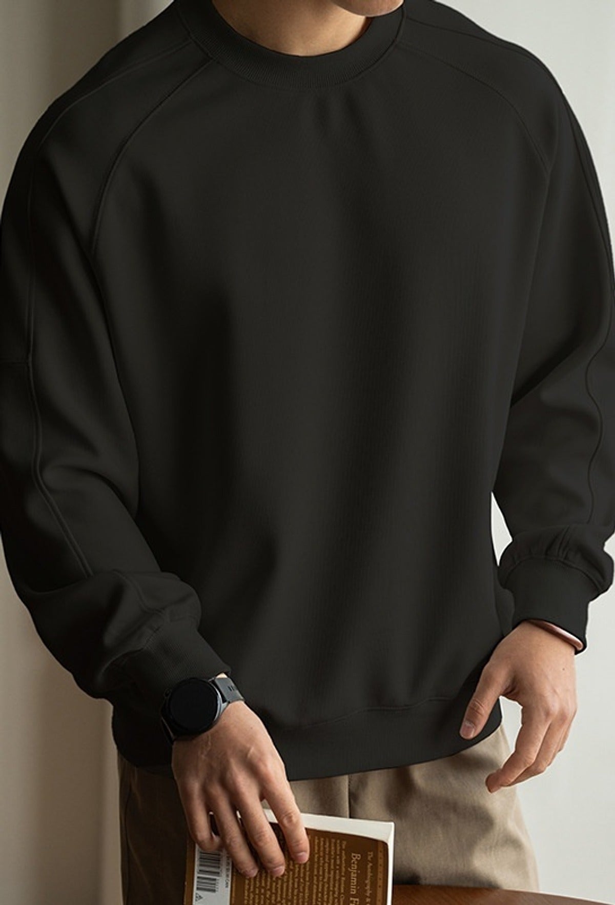 Katachi Cropped Crewneck Sweatshirt in Black, full-length front view