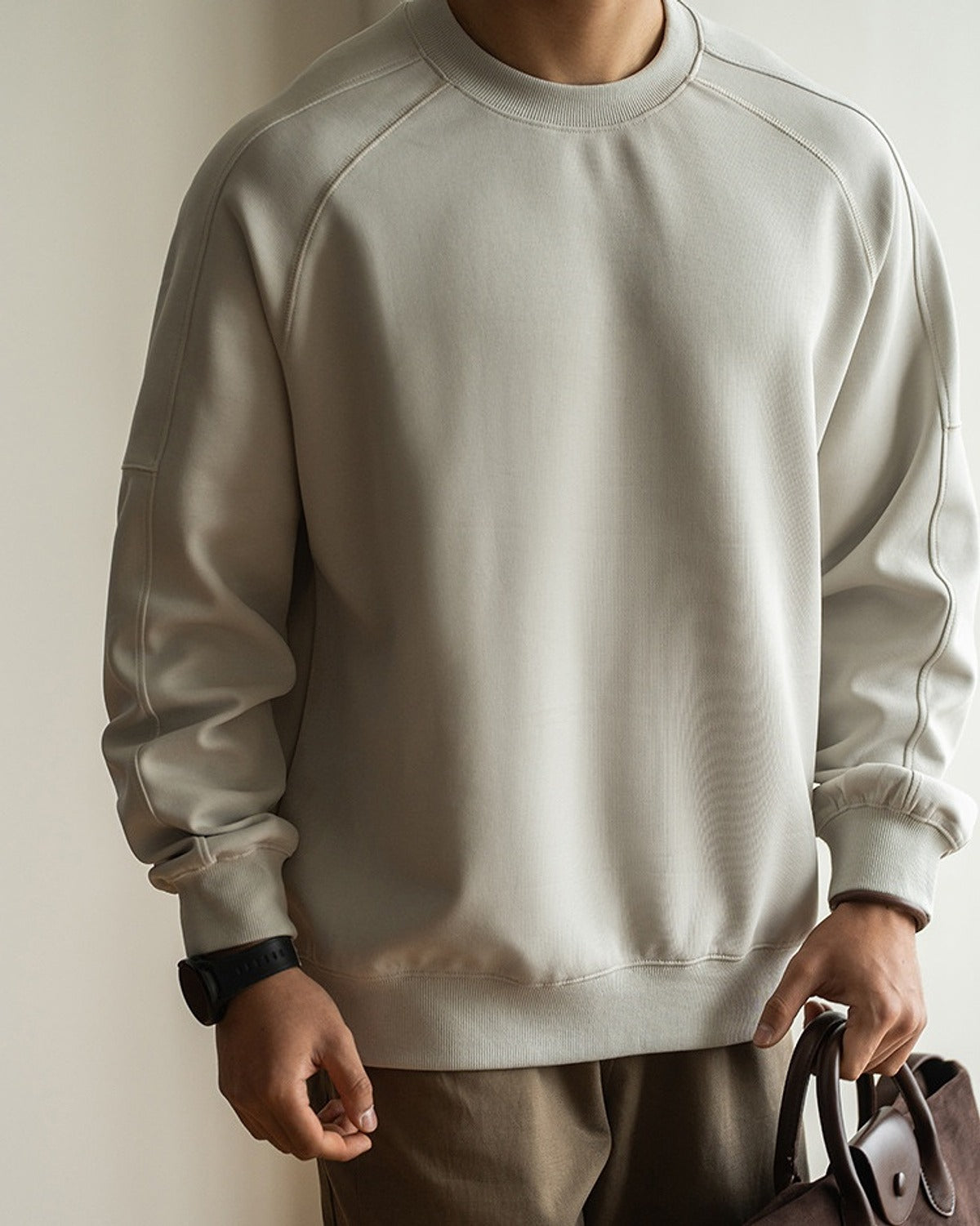 Katachi Cropped Crewneck Sweatshirt in Grey, full-length front view