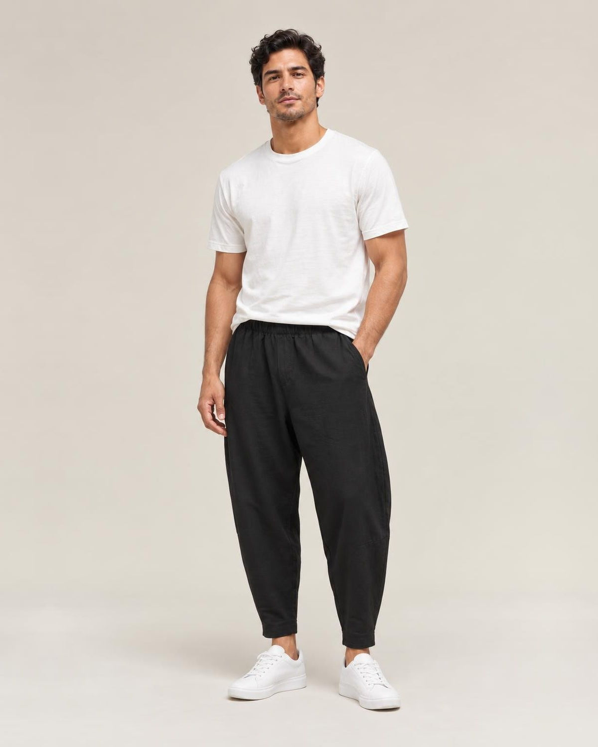 Kaze Linen Harem Pants in Black, full-length front view