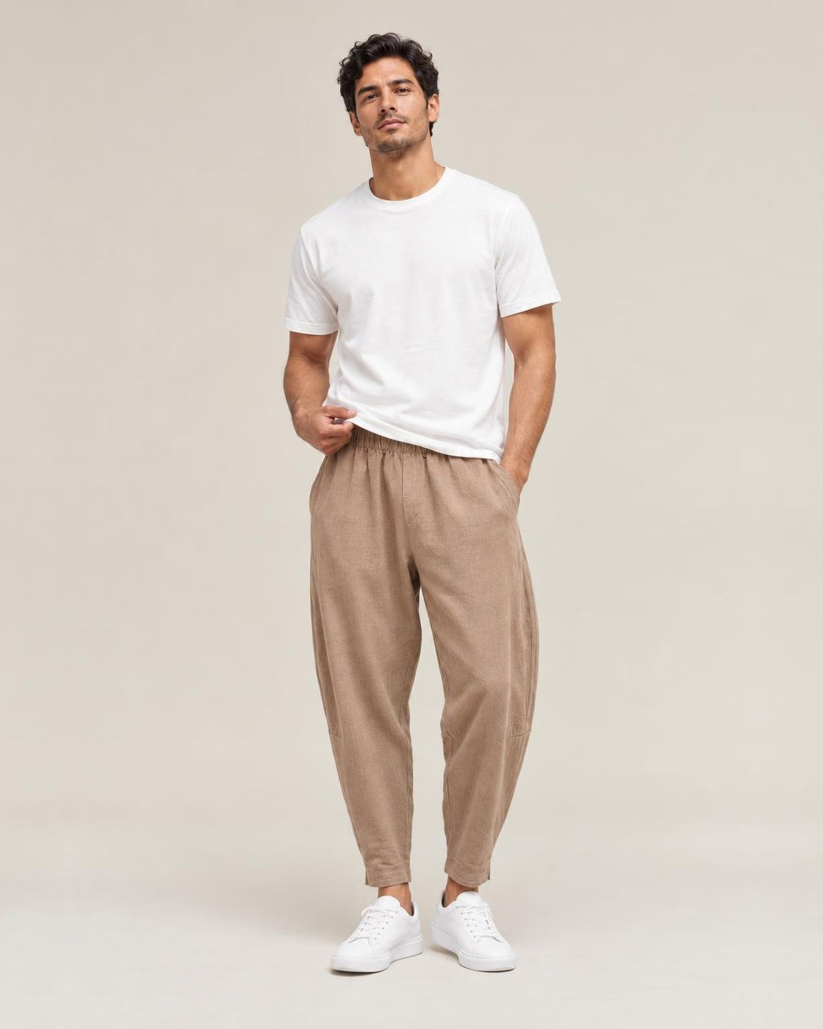 Kaze Linen Harem Pants in Brown, full-length front view