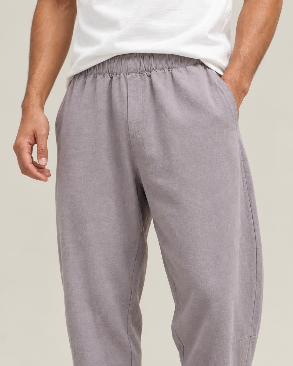 Kaze Linen Harem Pants in Grey, close-up on the model