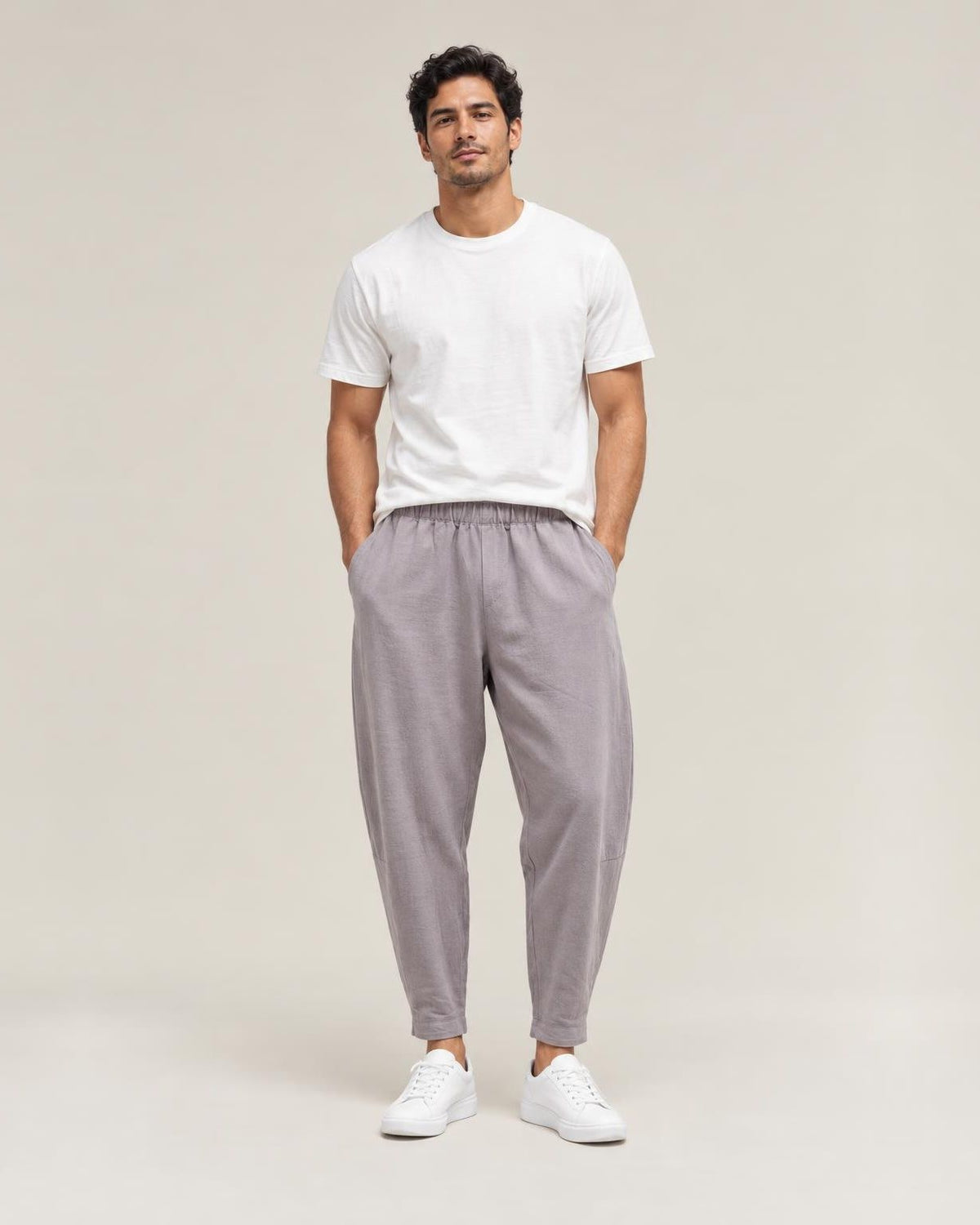 Kaze Linen Harem Pants in Grey, full-length front view