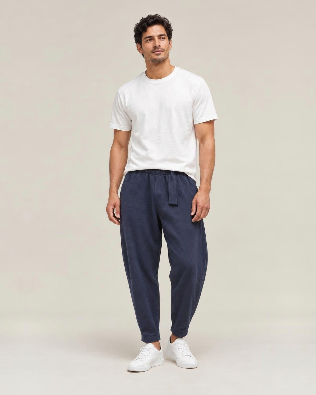 Kaze Linen Harem Pants in Navy, full-length front view