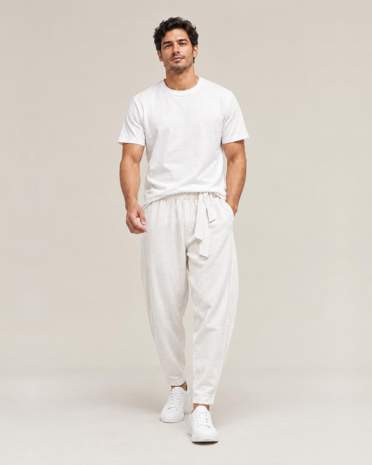 Kaze Linen Harem Pants in White, full-length front view