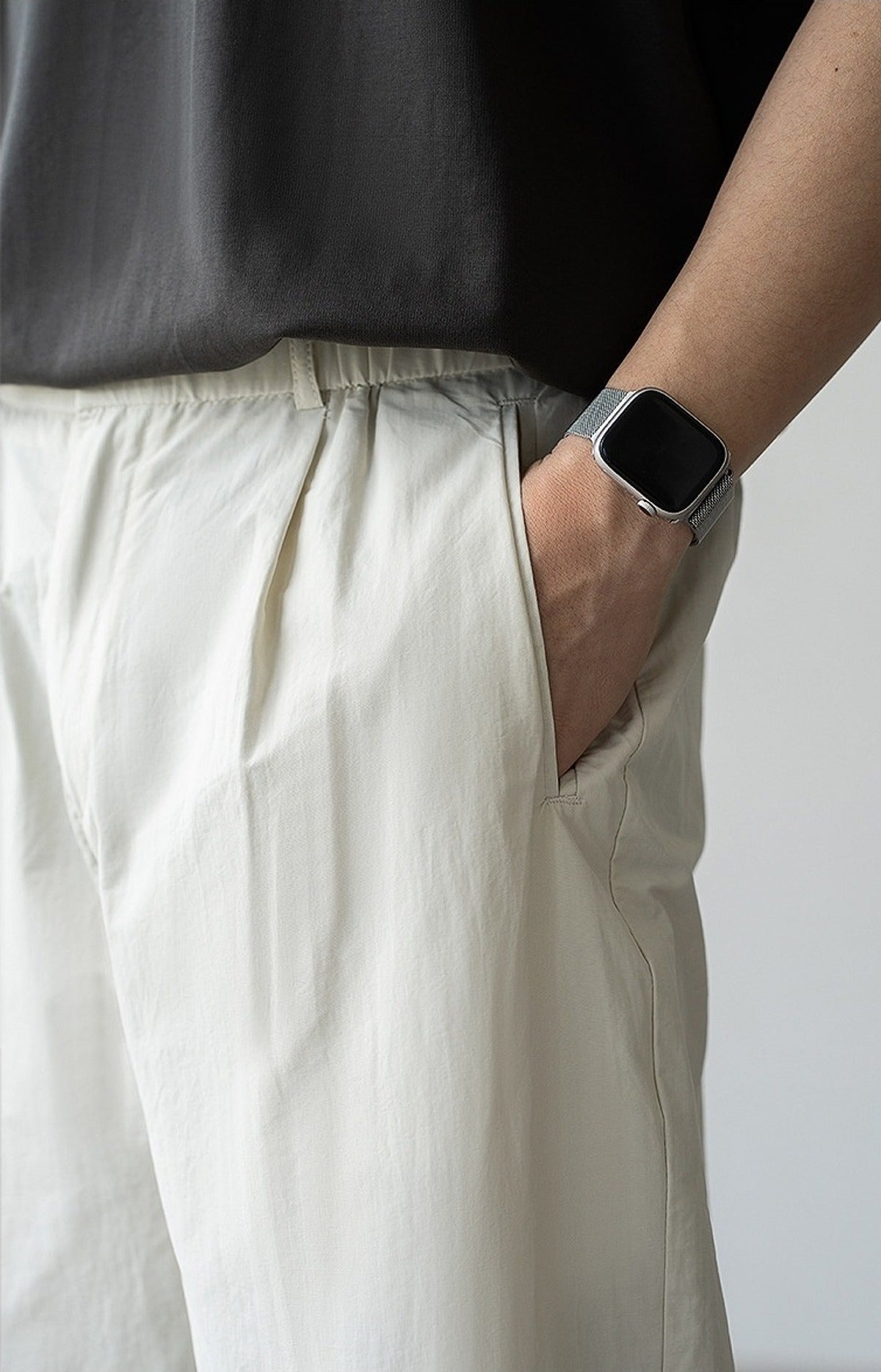 Momi Crinkle Harem Pants in Beige, detail close-up