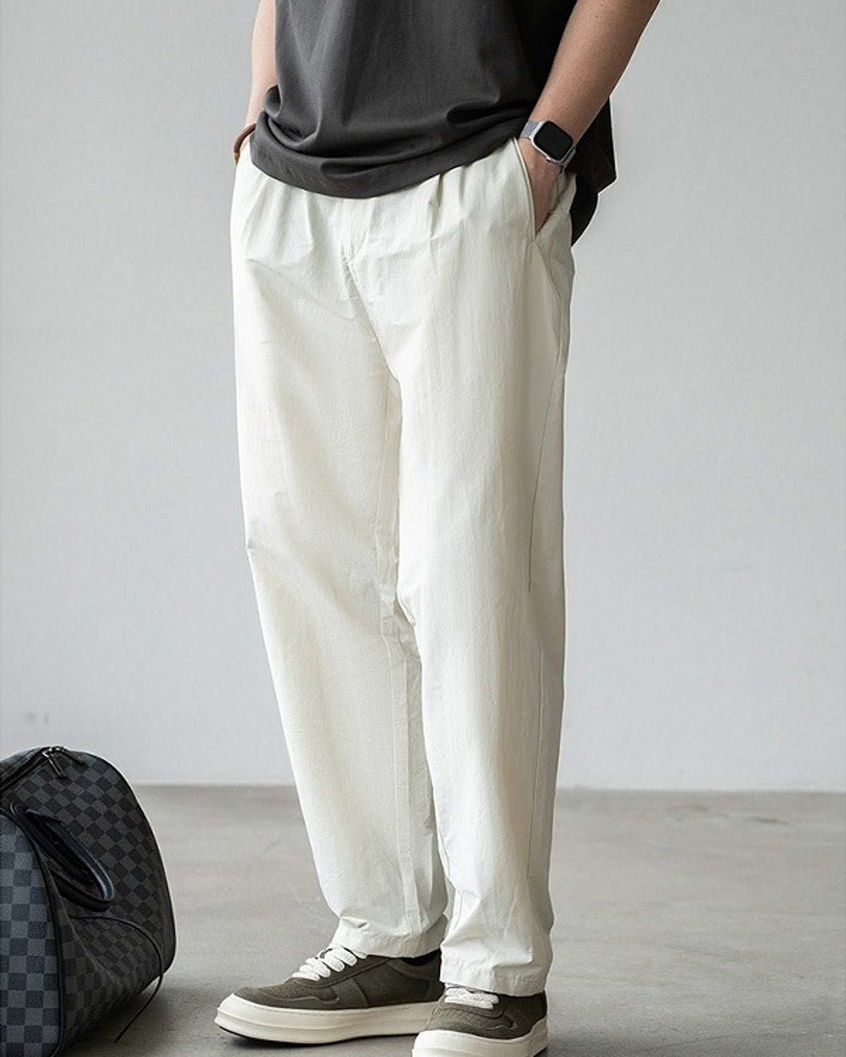 Momi Crinkle Harem Pants in Beige, full-length front view